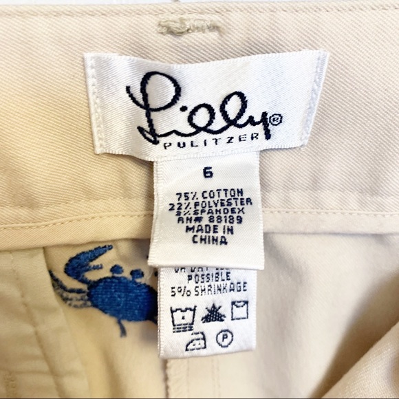 Lily Pulitzer Khaki Chino Capri Crop Pants Embroidered Blue Crabs Size 6 - Picture 4 of 10